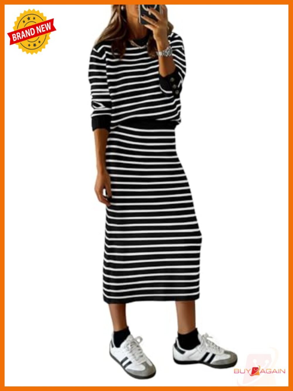 Striped Knitted Skirt Set Long Sleeve Midi Pencil 2 Piece Lounge